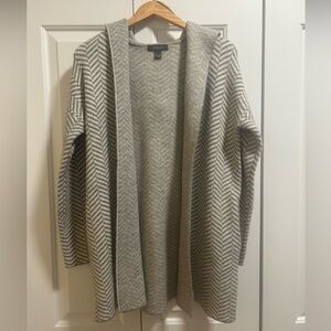 Grey and white chevron HEAVY cardigan. Hood.